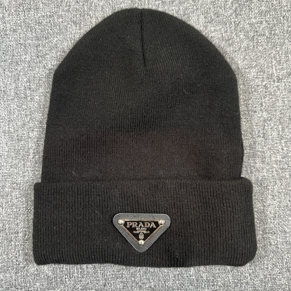 Black Knit Beanie Hat Prada Style Triangle Logo 100% Acrylic One Size